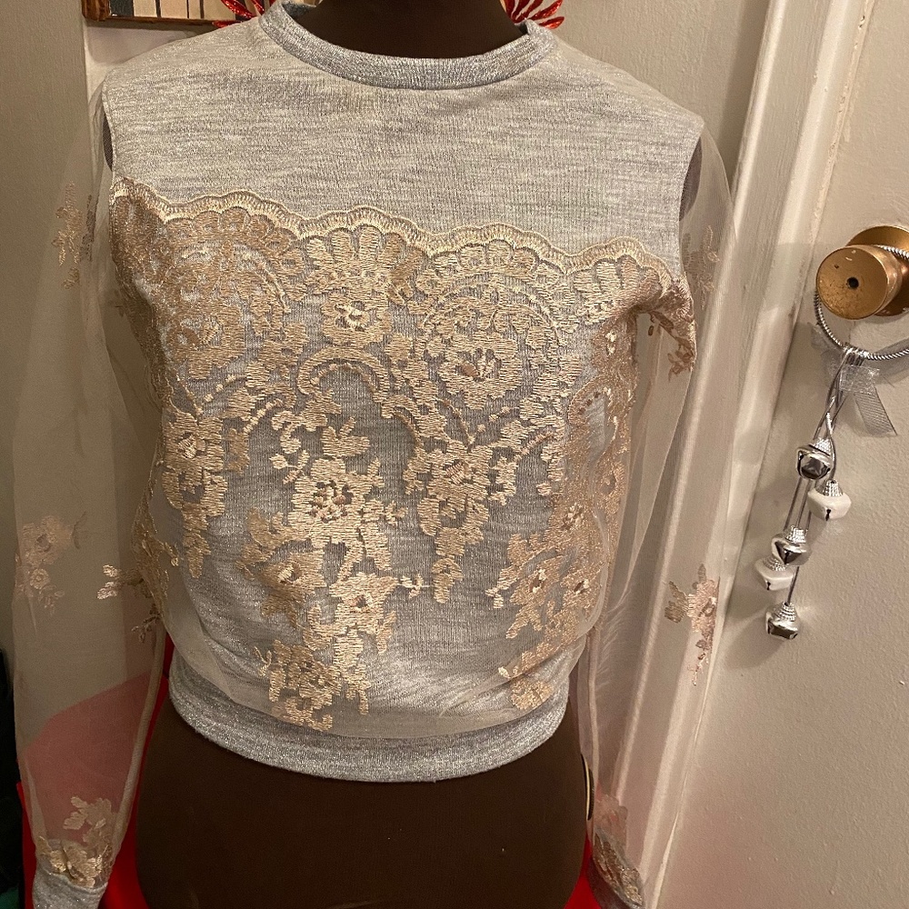 H&M Lace Embroidered Rose Gold Metallic Shirt